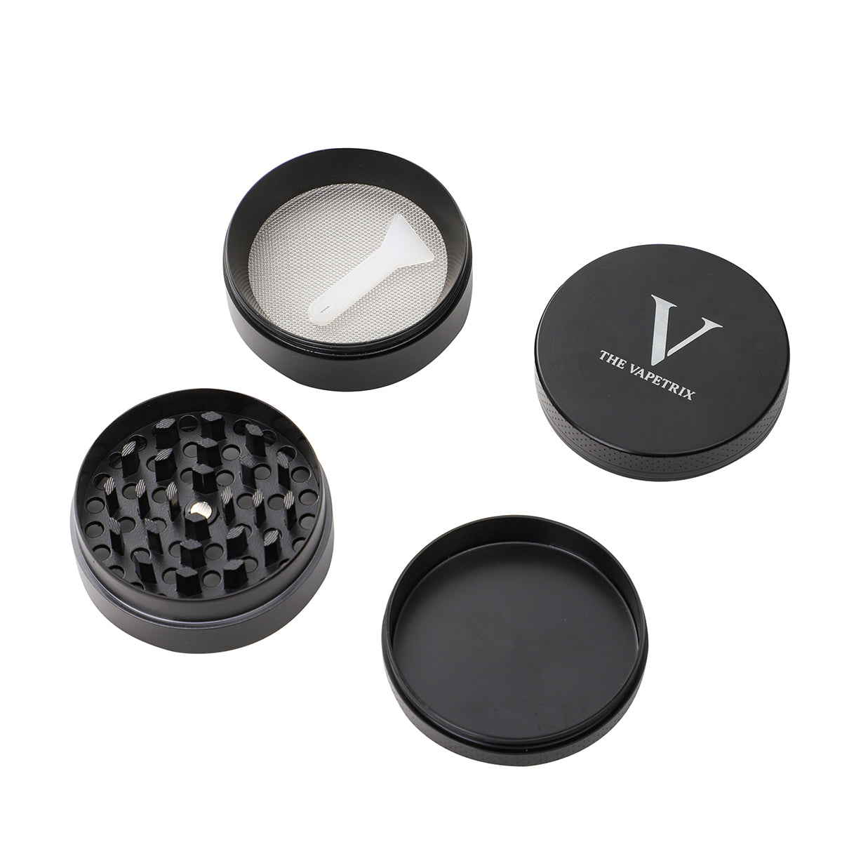 I 4 pezzi del grinder Vapetrix: coperchio, camera di macinatura, camera con retina e raschietto, vassoio di raccolta
